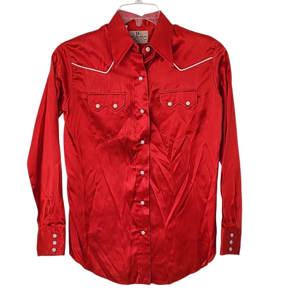 Vintage Dee Cee 1970s Womens Red Satin Western Cowgirl Shirt Pearl Snaps 38 Read